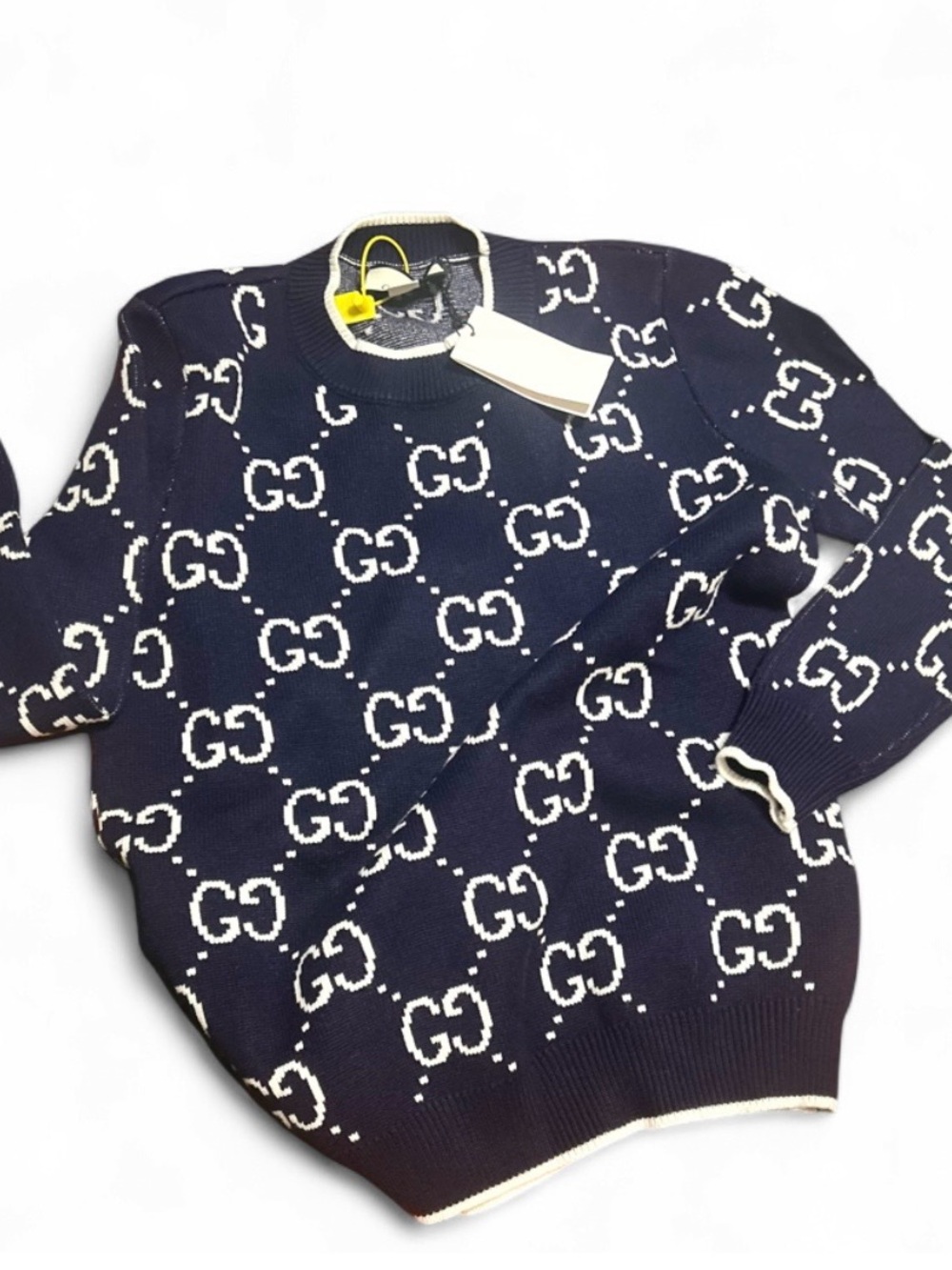 Gucci Navy and White GG Logo Crew Neck Sweater